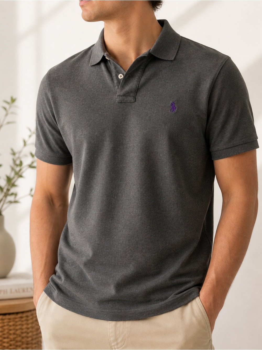 Ralph Lauren Short Sleeve Polo in Charcoal with Purple Logo XL Slim Fit Cotton